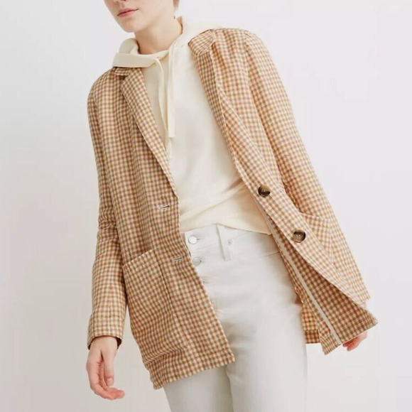 Madewell Dorset Linen Blazer XS Beige Tan White Gingham Plaid Slouchy Minimalist - Picture 1 of 6